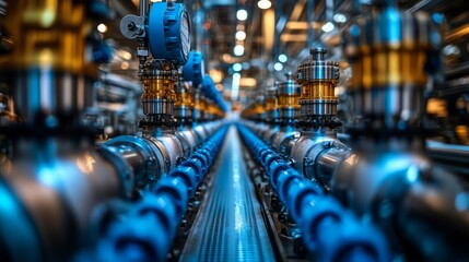 A complex network of blue and silver pipes fills a large industrial area, highlighting advanced engineering