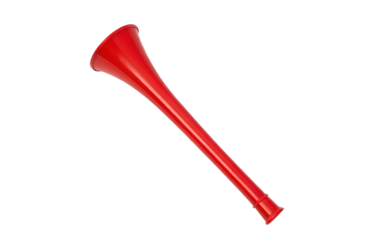 Bright red vuvuzela or stadium horn angled on a gray background transparent background