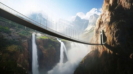 Fototapeta premium A modern suspension bridge elegantly spanning a rugged canyon, with cascading waterfalls draped in mist providing a mesmerizing background. 