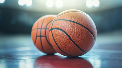 Obraz premium Ultra quality image of basketball game sport arena stadium court on spotlight with basket ball on floor. Motivation sport lifestyle background poster.