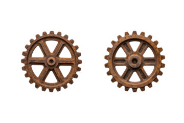 A pair of rusted gear wheels, isolated on a neutral grey background transparent background