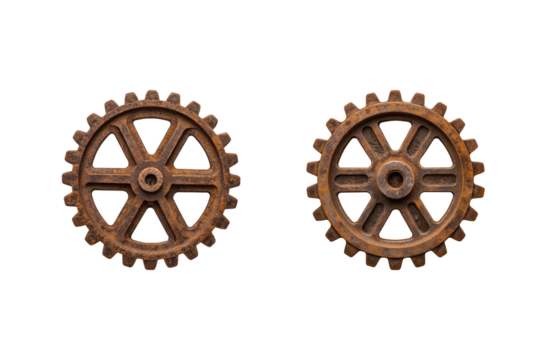 A pair of rusted gear wheels, isolated on a neutral grey background transparent background