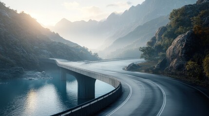 Serpentine roadway meandering through a misty mountain valley.