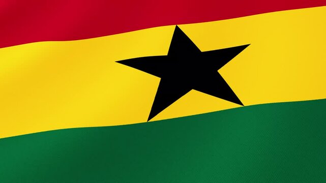 Ghana National Flag Waving in Wind, Close View, Isolated Background