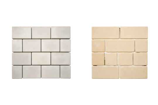 Two options of concrete paving stone arrangements in different colors on gray background transparent background