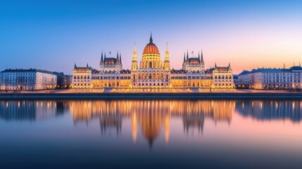 Obraz premium Tranquil River View with Reflections of a European Capital at Dusk