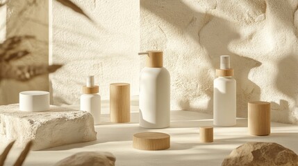 Elegant advertising layout with matte finish bottles and wooden pump caps, illuminated by diffused light and set on a stone-inspired beige background.