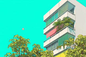 Modern apartment building with glass balconies and tropical plants under clear turquoise sky with small sun, evoking calm and vibrant urban atmosphere