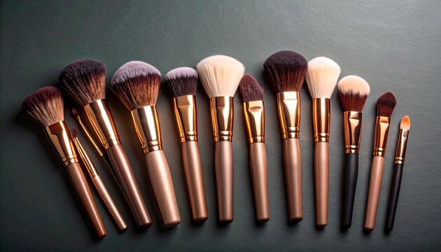 Juego de brochas de maquillaje de lujo sobre fondo verde oscuro; accesorios de belleza de moda para mujer, cosm&eacute;ticos, perfumes, joyas, cosm&eacute;ticos, accesorios
