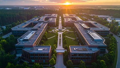 Sunset Aerial View of a Large Campus with Green Landscaping