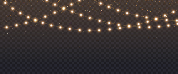 Christmas light garland with gold glitter on transparent background, new year light effect elements for banner, poster, flyer and xmas card. Horizontal yellow wires shining, led strips png, vector.