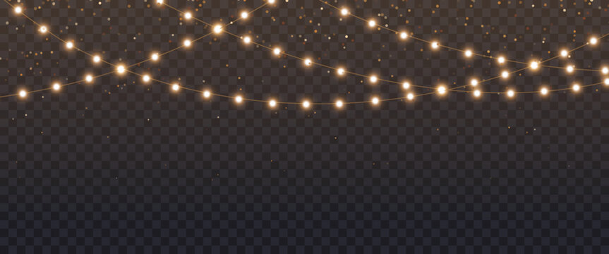 Christmas light garland with gold glitter on transparent background, new year light effect elements for banner, poster, flyer and xmas card. Horizontal yellow wires shining, led strips png, vector.