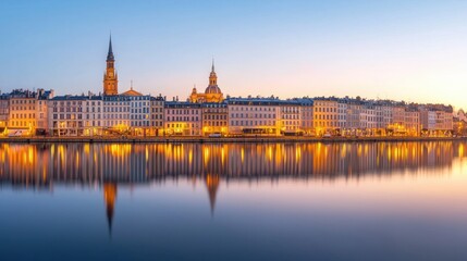 Fototapeta premium Captivating City View Reflected in Water at Dawn with Beautiful Lights and High Fidelity Quality
