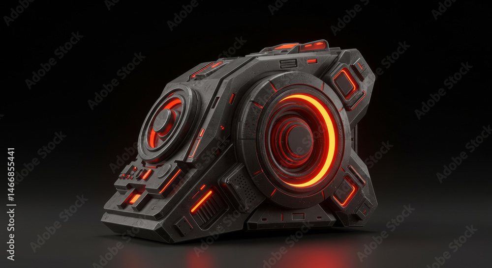 Aufkleber dark gray futuristic device with glowing orange accents in a studio setting. the device is angled, s