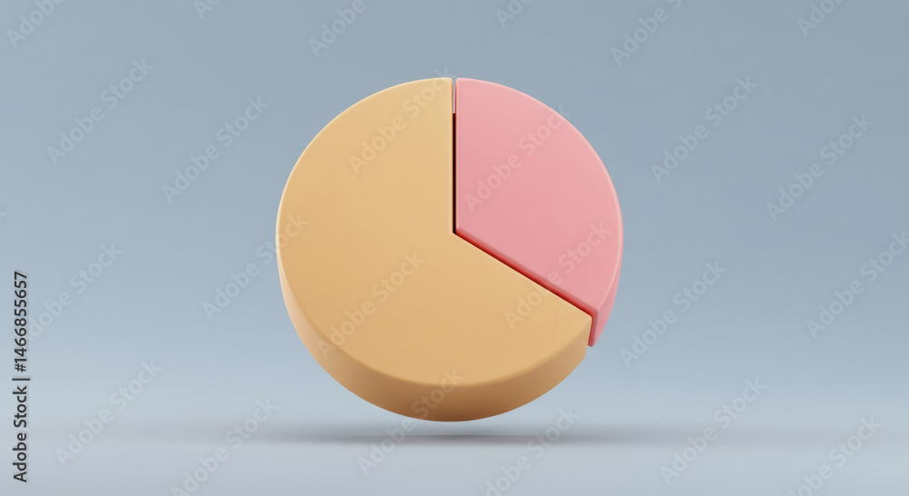 Poster 3d pie chart with two sections of light beige and light pink colors. floating in the air against a l