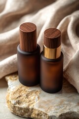 Luxurious close-up showcasing two modern matte pump bottles, their wooden tops highlighted under warm light, positioned on a natural stone slab with elegant neutral fabric behind them.