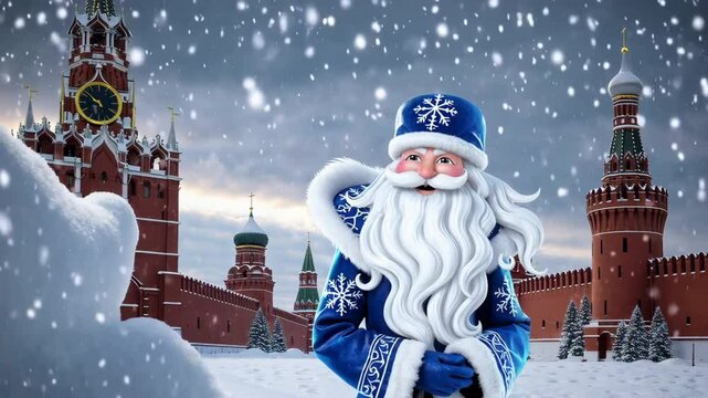Ded moroz smiling in front of kremlin during snowfall
