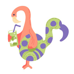 Vector hand drawn illustration in simple hand drawn modern style. Flamingo holding lemonade and swimming ring.