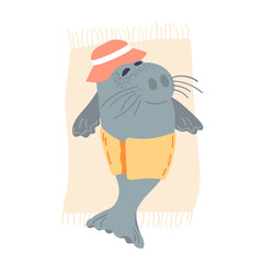 Vector hand drawn illustration in simple hand drawn modern style. Cute seal relaxes on the beach.