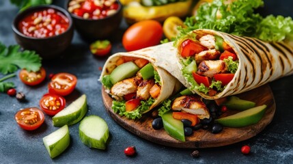 Close-up of Grilled Chicken Wraps with Fresh Vegetables on Wooden Board Delicious Food Photography