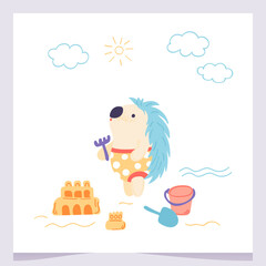 Cute hedgehog in swimsuit builds sandcastles on the beach. Vector illustration in simple hand drawn style. Adorable summer card