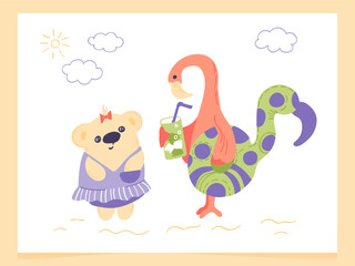 Cute bear in swimsuit relaxes on the beach. Flamingo drinks a cocktail. Vector hand drawn illustration in simple hand drawn modern style. Adorable summer card.