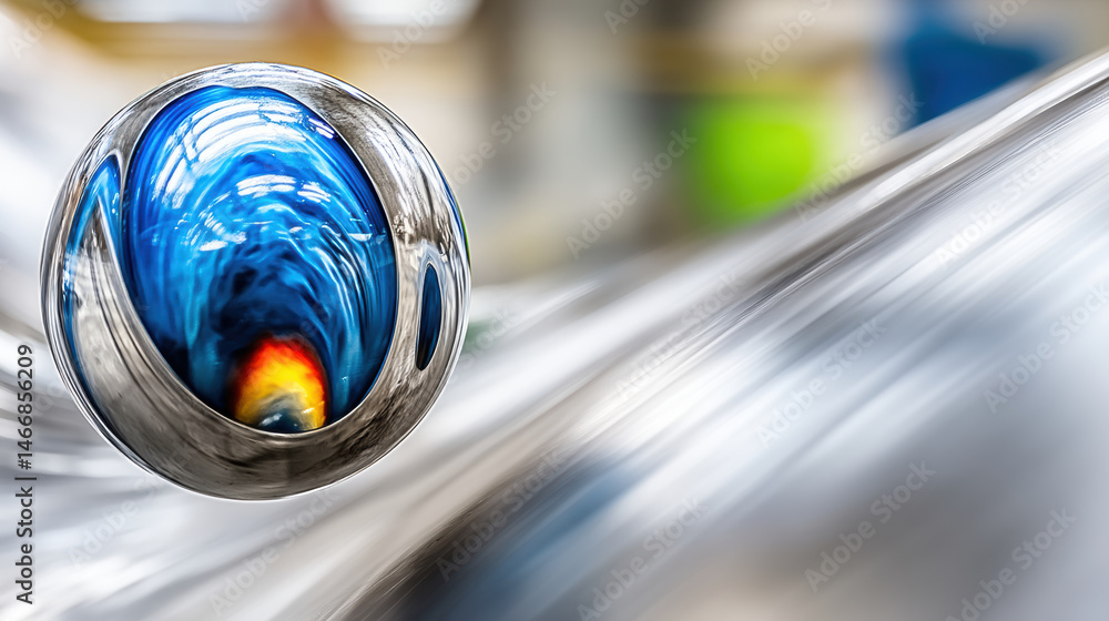 Poster blue glass marble with colorful swirl pattern on blurred reflective surface, creating dynamic and vi