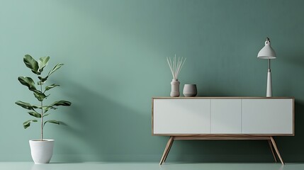 A stylish hallway storage unit on the right, space for copy left blank, simple muted green background
