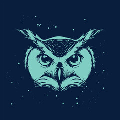 Vector stylized square illustration. Contrast drawing of an owl in blue on a dark blue background decorated with chaotic splashes.