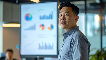 Focused Businessman in Modern Office with Data Charts