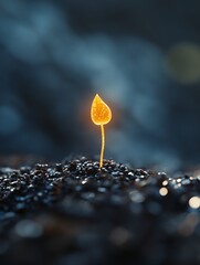 A person standing alone in a field of rocks under soft lighting with a single bright yellow flower