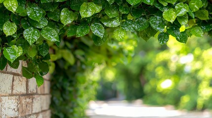 Green Leaves on Brick Wall and Pathway with Natural Light