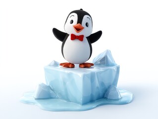 Penguin on melting ice block with red bow tie, environmental message, pure white background