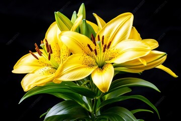 Obraz premium Vibrant Yellow Lilies on Black Background