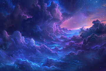 Dreamy skyscape filled with vibrant purple and blue clouds and twinkling stars above