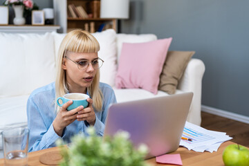 Young freelance business woman having video call conference on laptop computer while sitting and...