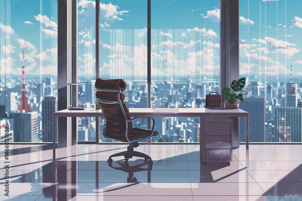 Poster office with a view of a cityscape featuring a desk and chair in front of window