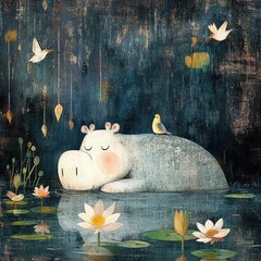 A small cartoon hippopotamus rests peacefully in a river among water lilies and fluttering birds. Gentle scene, playful nature.