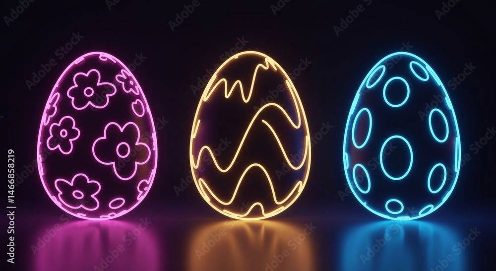 Poster neon easter eggs with various patterns in a dark studio setting. three eggs, each with a unique desi