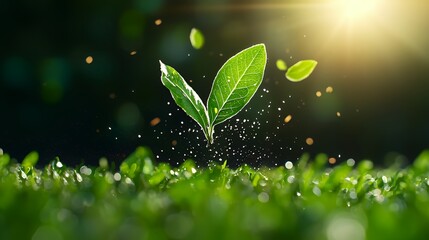 Green Leaves Rising Above Fresh Grass with Sunlight