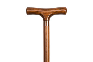 Elegant wooden walking cane with a T shaped handle against gray background transparent background