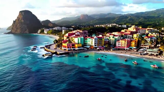Aerial Fly-In Over Coastal Caribbean Town with Colonial Architecture and Petit Piton Framed by Ocean and Jungle