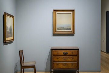 Minimalist Gallery Interior with Wooden Chest and Paintings