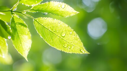 Green Leaves with Water Droplets Glistening in Sunlight