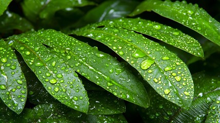 Green Leaves with Water Droplets in Natural Setting
