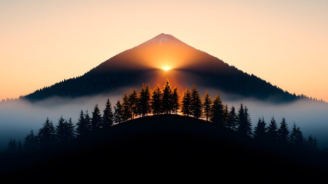 Sunrise Over Foggy Mountain Range with Silhouetted Trees - Powered by Adobe