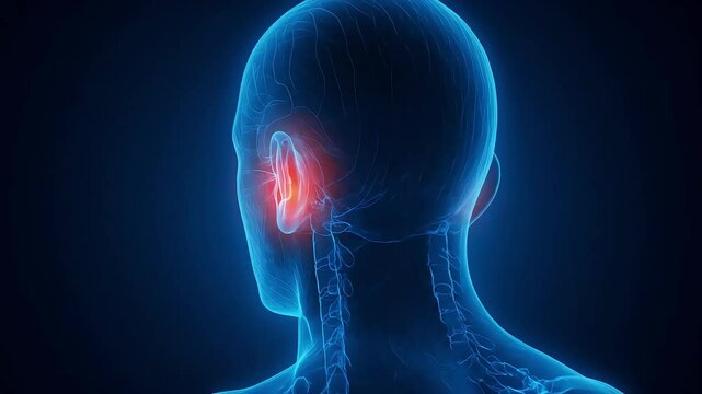 Side view of male head highlighting inner ear infection and neural pathways.