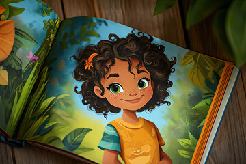 close-up of personalized children’s book page with cartoon character resembling real child, colorful illustrations and custom name shown 