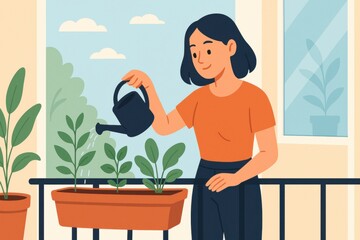 Woman watering plants in balcony window box on sunny day