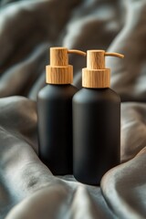 Product close-up of two matte bottles with elegant wooden pumps, standing side by side on a smooth platform with light fabric ripples behind them
